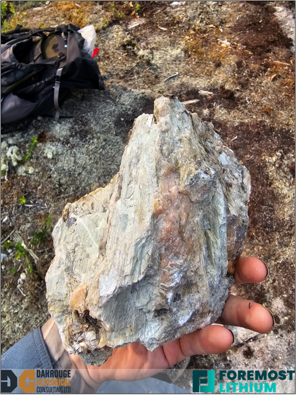 Photo 1 Large spodumene crystals found in outcrop at the B1 pegmatite