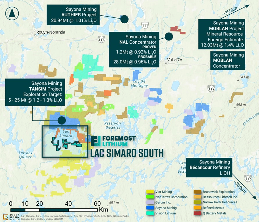 Figure 1. Area Map With Display of Foremosts New Lac Simard South Claims with Surrounding Lithium Refineries and Concentrators min