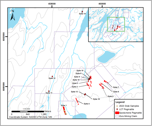 Figure 4. Overview of the Zoro Property showing spodumene bearing pegmatites and untested LCT pegmatites which are targets for future exploration. 